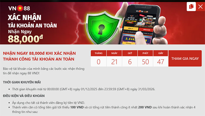 Xác nhận tài khoản thành công – Nhận ngay 88.000đ tại VN88